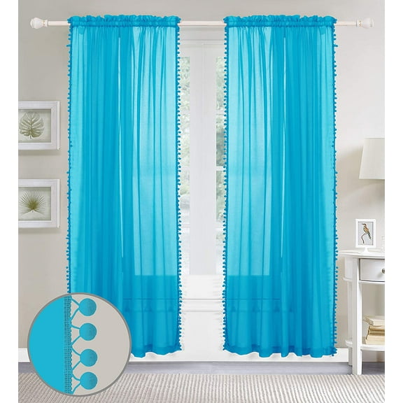Elegant Comfort 2 Piece Pom Pom Curtains Polyester Blue 1500 Thread Count