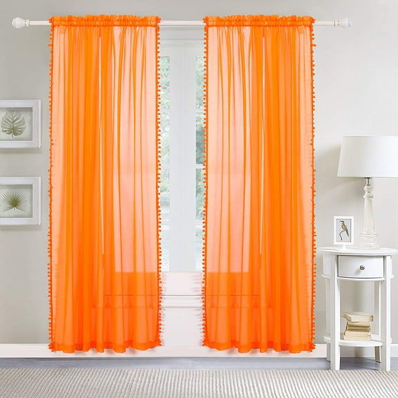 Elegant Comfort 2 Piece Pom Pom Curtains Polyester Orange Solid 1500 Thread Count