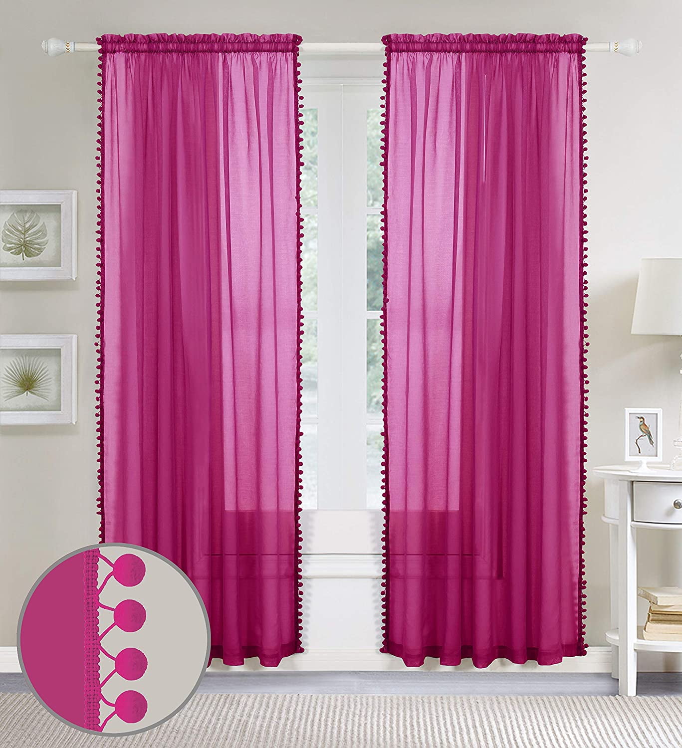 Elegant Comfort 2 Piece Pom Pom Curtains Polyester Pink 1500 Thread Count