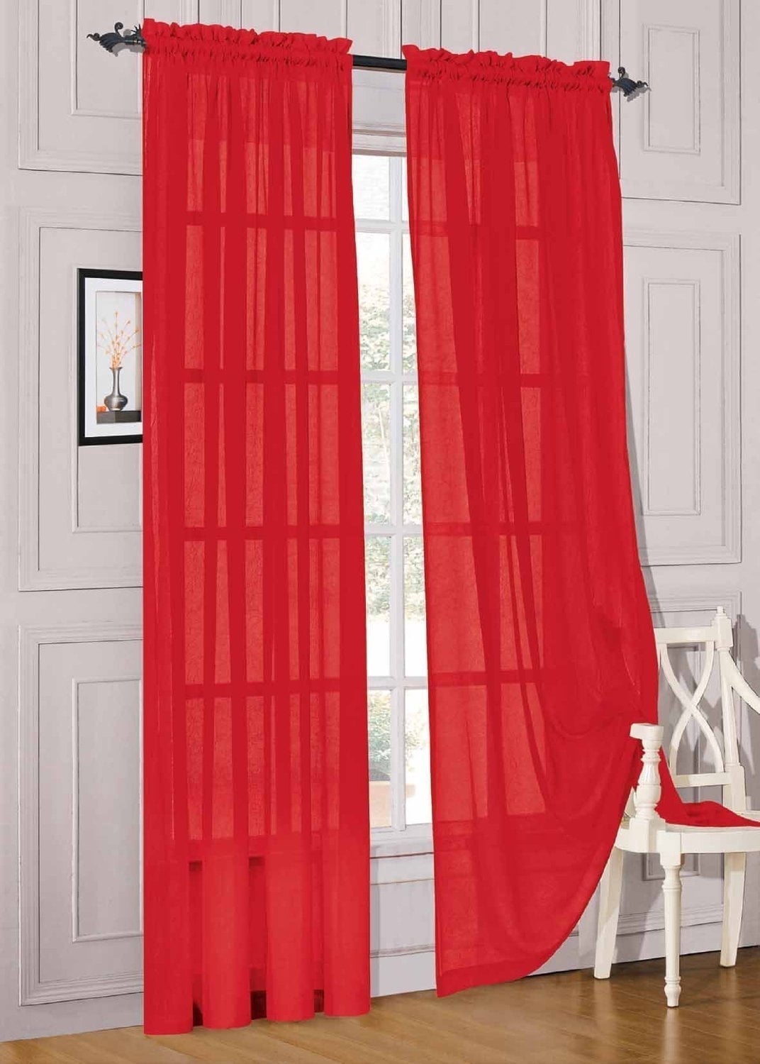 Elegant Comfort 2 Piece Solid Sheer Panel Rod Pocket Window Curtain 40-inch Width X 84-inch Length Red Polyester
