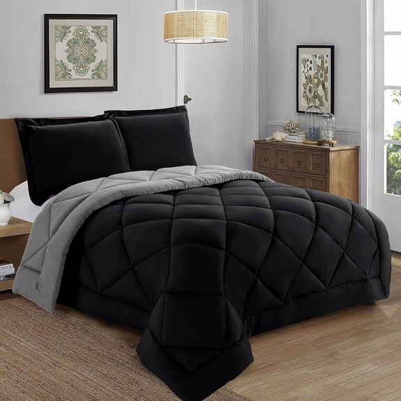 Lightweight Reversible 3-Piece Comforter Set All Seasons, Down Alternative Comforter with 2 Pillow Shams,Full/Queen Black/Gray