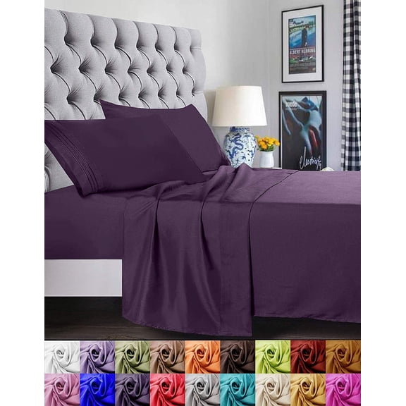 Elegant Comfort 3 Piece Bed Sheets Solid Print 1500 Series Microfiber King Purple