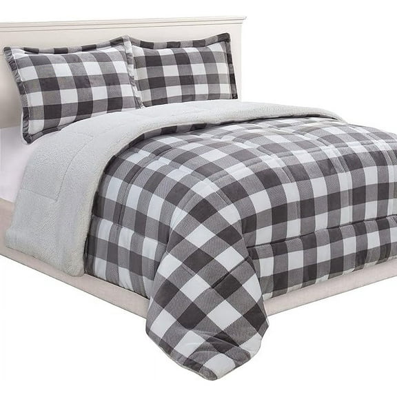 Elegant Comfort 3-Piece Buffalo Lodge-Plaid Comforter Set, Luxurious, Heavyweight, All Season, Micromink Sherpa-Backing Reversible Micro-Suede, Soft and Plush, Twin, Gray/White