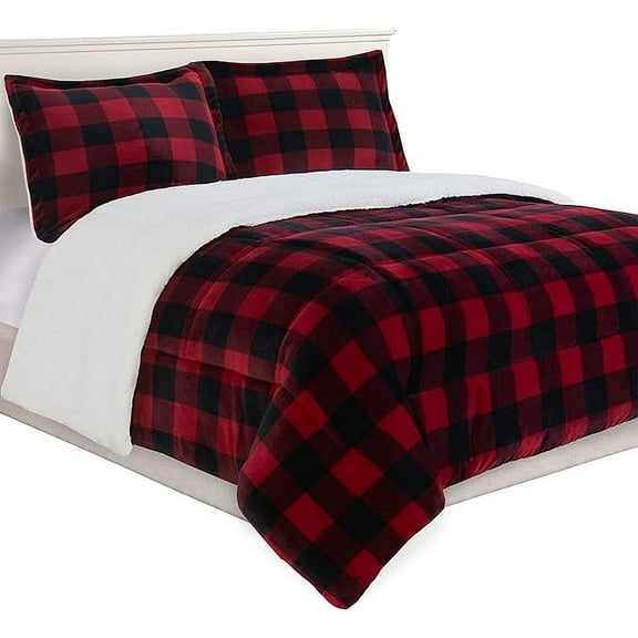 Elegant Comfort 3-Piece Buffalo Lodge-Plaid Comforter Set, Luxurious, Heavyweight, All Season, Micromink Sherpa-Backing Reversible Micro-Suede, Soft and Plush, King, Burgundy/Black