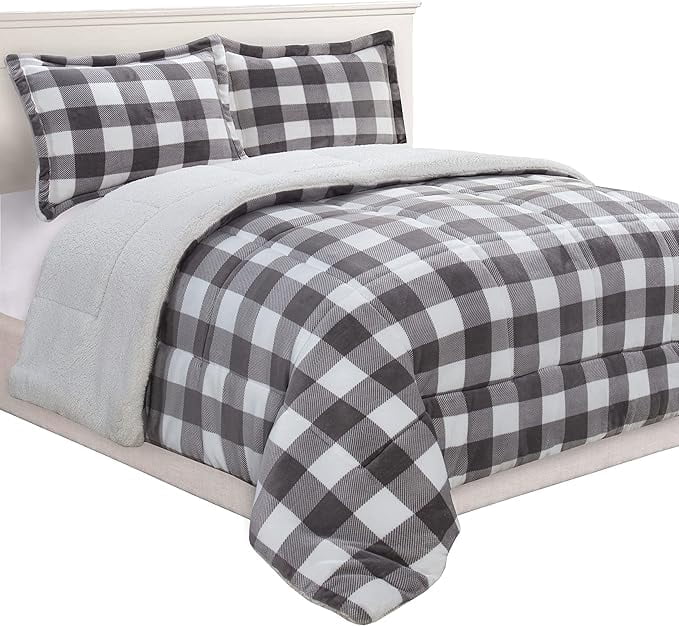 Elegant Comfort 3-Piece Buffalo Lodge-Plaid Comforter Set, Luxurious, Heavyweight, All Season, Micromink Sherpa-Backing Reversible Micro-Suede, Soft and Plush, Queen, Gray/White