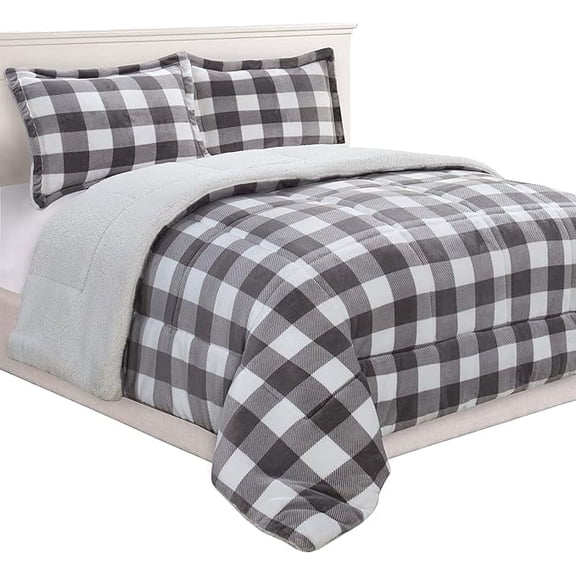 Elegant Comfort 3-Piece Buffalo Lodge-Plaid Comforter Set, Luxurious, Heavyweight, All Season, Micromink Sherpa-Backing Reversible Micro-Suede, Soft and Plush, Queen, Gray/White