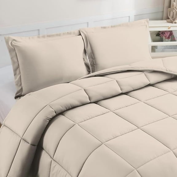 Elegant Comfort 3-Piece Comforter Set, Down Alternative Box Stitched, Ultra Soft All-Season Bedding with Shams, Plush Cozy Duvet Insert with Corner Tabs - Queen, Linen