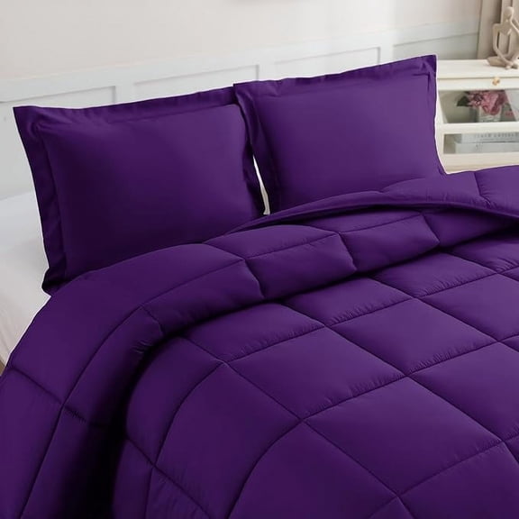 Elegant Comfort 3-Piece Comforter Set, Down Alternative Box Stitched, Ultra Soft All-Season Bedding with Shams, Plush Cozy Duvet Insert with Corner Tabs - Queen, Purple
