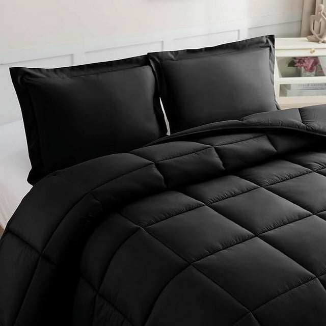 Elegant Comfort 3-Piece Comforter Set, Down Alternative Box Stitched, Ultra Soft All-Season Bedding with Shams, Plush Cozy Duvet Insert with Corner Tabs - Twin, Black