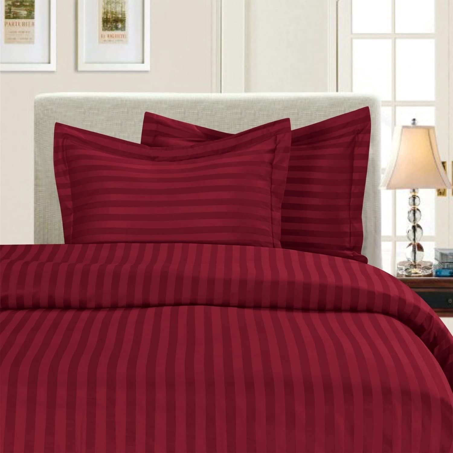 Elegant Comfort 3-Piece Damask Striped Duvet Cover Set, Wrinkle & Fade Resistant, 1500 Premium Microfiber, Soft & Silky, Full/Queen, Burgundy