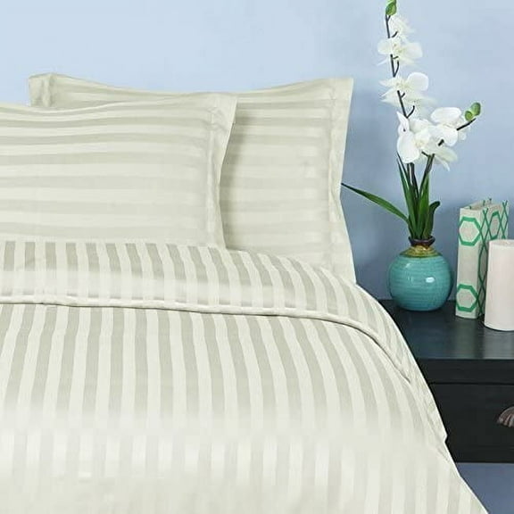 Elegant Comfort 3-Piece Damask Striped Duvet Cover Set, Wrinkle & Fade Resistant, 1500 Premium Microfiber, Soft & Silky, Full/Queen, Ivory