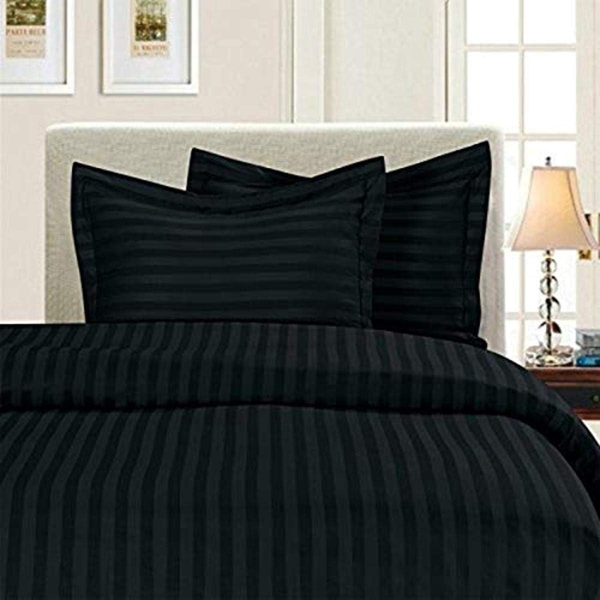 Elegant Comfort 3-Piece Damask Striped Duvet Cover Set, Wrinkle & Fade Resistant, 1500 Premium Microfiber, Soft & Silky, King/Cal-King, Black