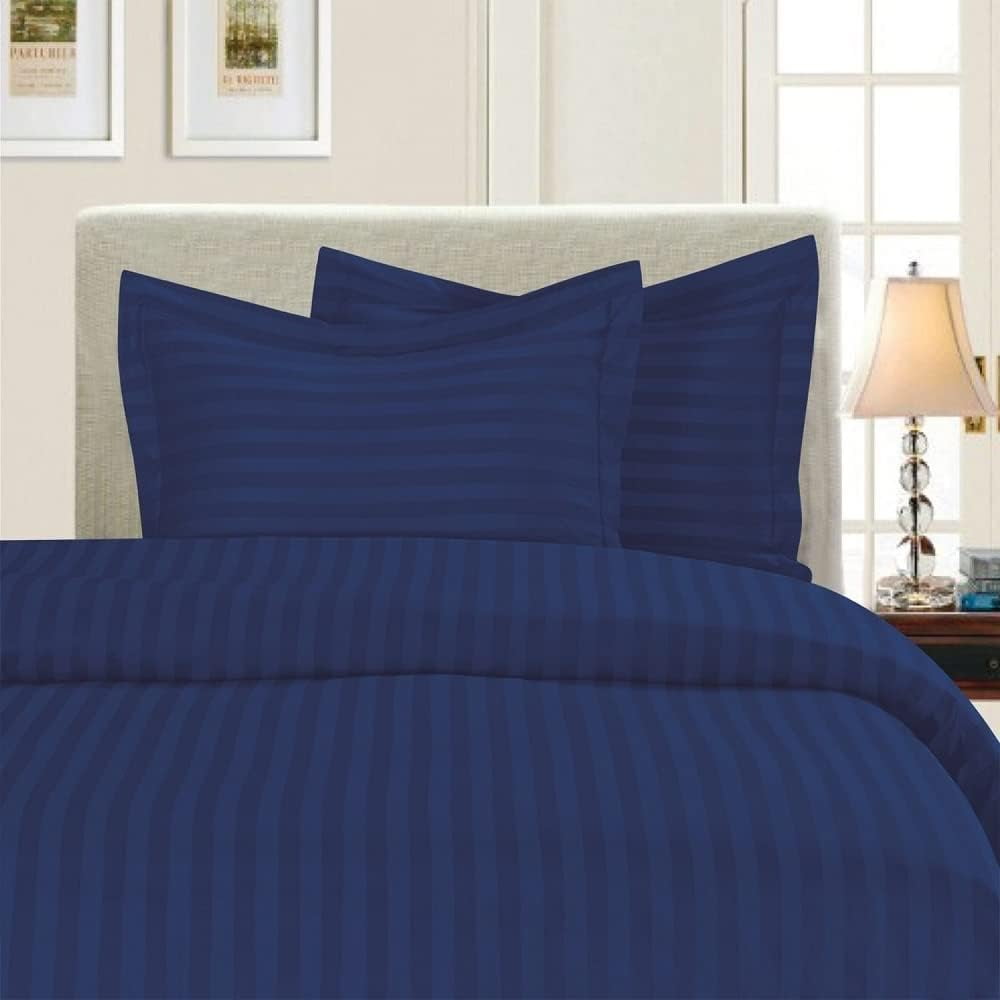 Elegant Navy Blue Cotton Damask Stripe King Duvet Cover Set