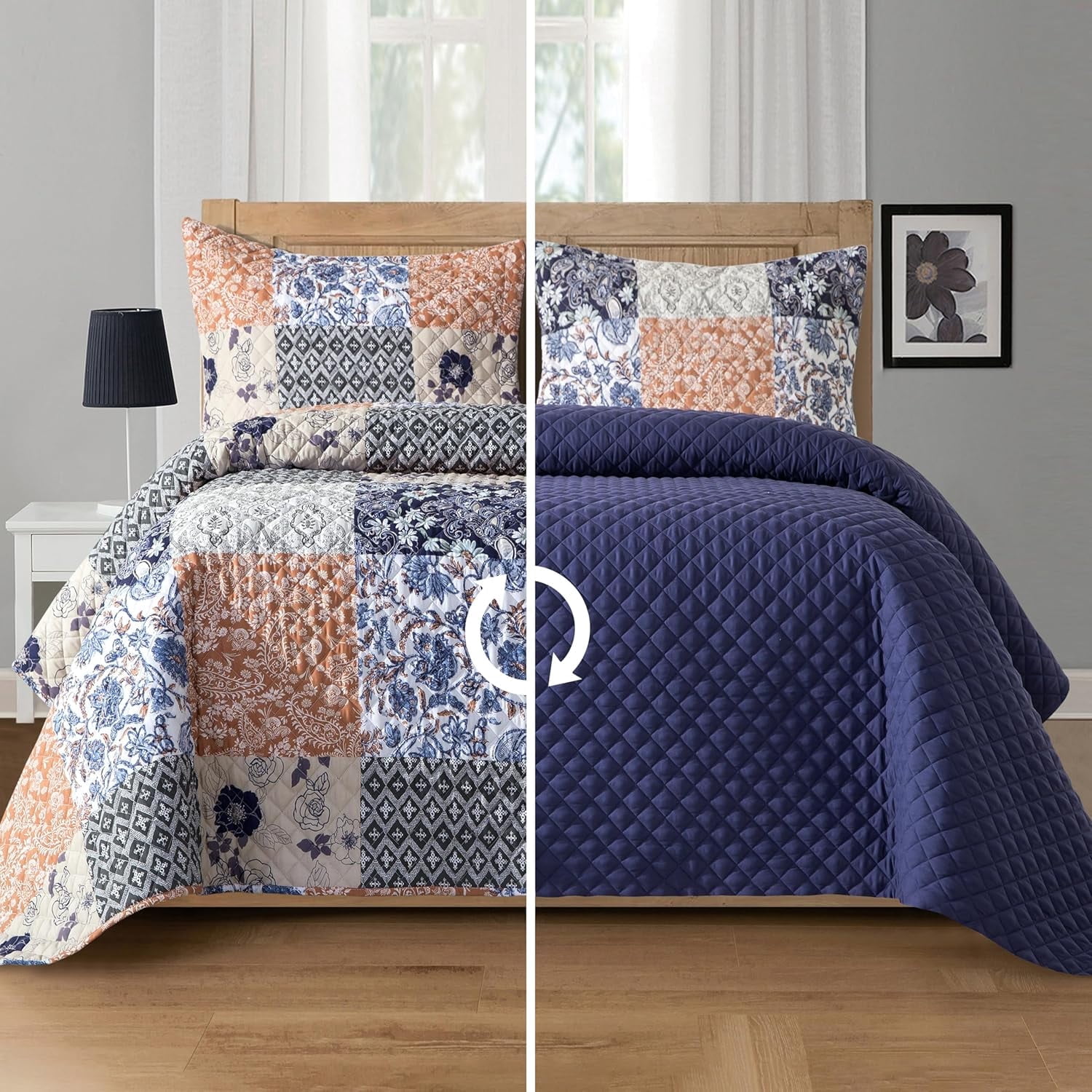 Elegant Comfort 3-Piece Floral Patchwork Reversible Quilt Set - Soft Bedspread with Matching Pillow Shams, Heavyweight Stitching, All Season Quilted Coverlet - Twin XL, Floral Navy