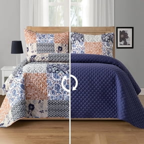 Elegant Comfort 3-Piece Floral Patchwork Reversible Quilt Set - Soft Bedspread with Matching Pillow Shams, Heavyweight Stitching, All Season Quilted Coverlet - Twin XL, Floral Navy