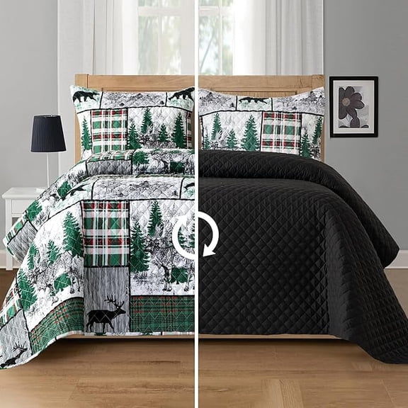 Elegant Comfort 3-Piece Holiday Rustic Plaid Patchwork Reversible Quilt Set - Soft Bedspread with Matching Pillow Shams, Heavyweight Stitching, All Season Quilted Coverlet - Full, Forest