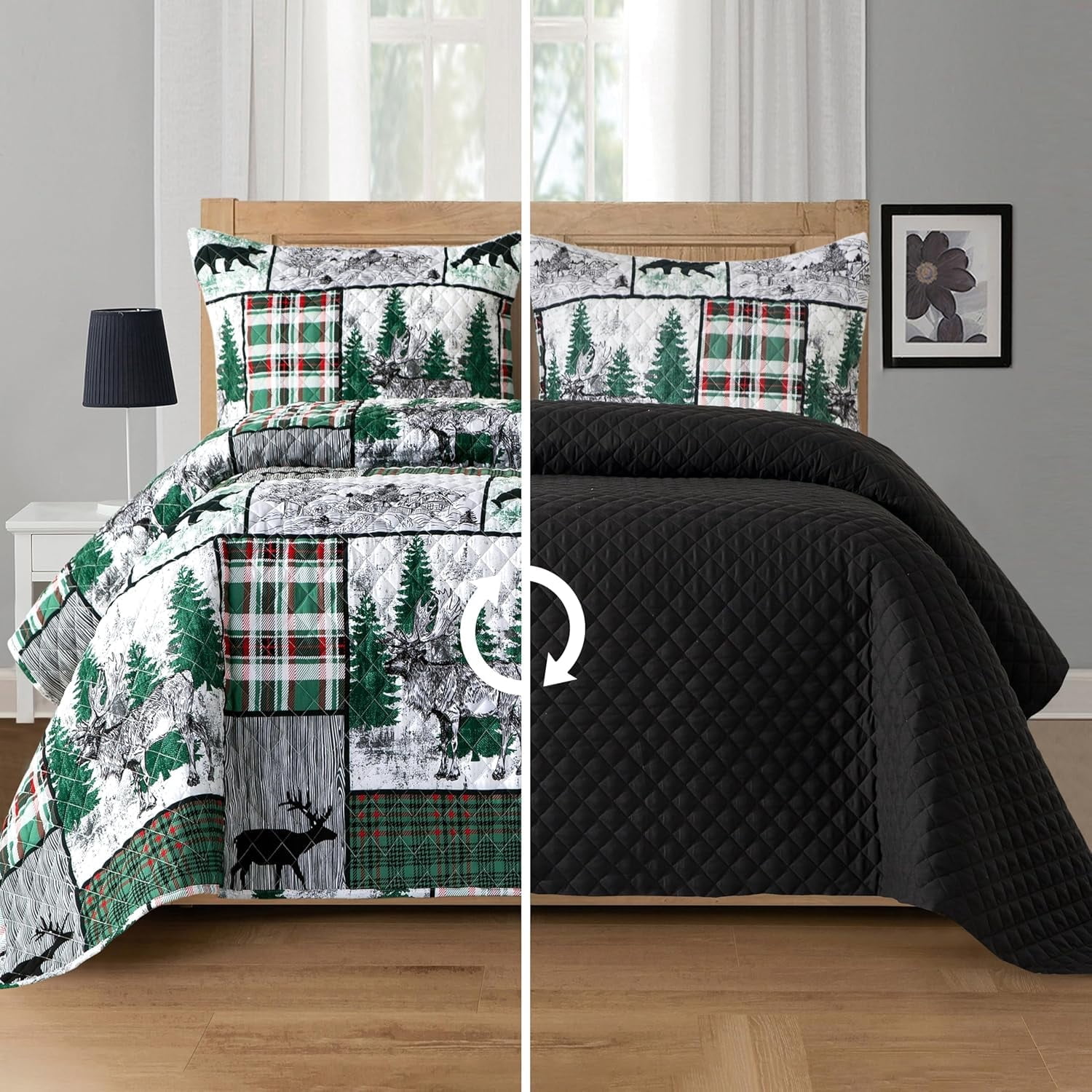 Elegant Comfort 3-Piece Holiday Rustic Plaid Patchwork Reversible Quilt Set - Soft Bedspread with Matching Pillow Shams, Heavyweight Stitching, All Season Quilted Coverlet - Queen, Forest