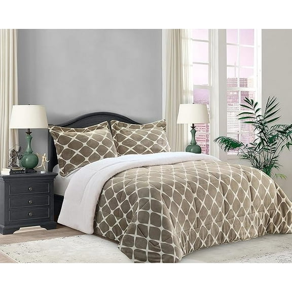 Elegant Comfort 3-Piece Luna Ogee Pattern Collection, Reversible Sherpa Comforter, Soft, Breathable & comfy Fabric, High Quality Micro-Suede, Ogee Pattern Sherpa Comforter, Cal King, Autumn Taupe