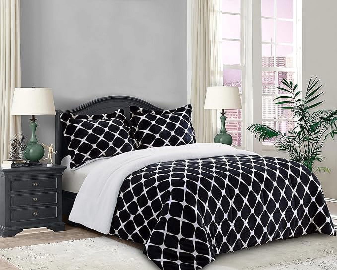 Elegant Comfort 3-Piece Luna Ogee Pattern Collection, Reversible Sherpa Comforter, Soft, Breathable & comfy Fabric, High Quality Micro-Suede, Ogee Pattern Sherpa Comforter, Full, Jet Black