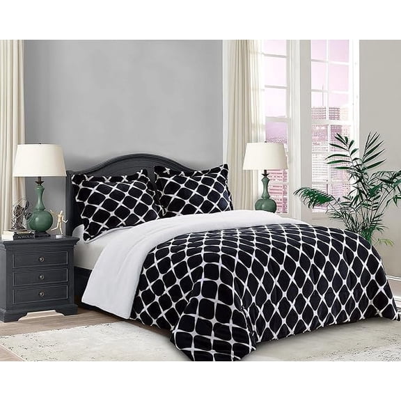 Elegant Comfort 3-Piece Luna Ogee Pattern Collection, Reversible Sherpa Comforter, Soft, Breathable & comfy Fabric, High Quality Micro-Suede, Ogee Pattern Sherpa Comforter, Full, Jet Black