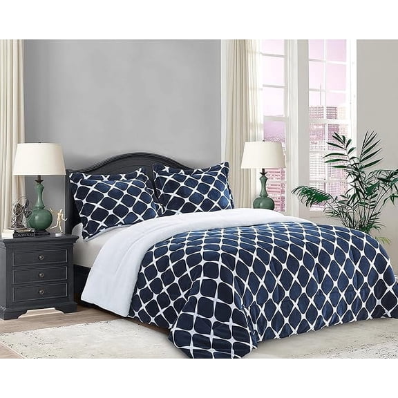 Elegant Comfort 3-Piece Luna Ogee Pattern Collection, Reversible Sherpa Comforter, Soft, Breathable & comfy Fabric, High Quality Micro-Suede, Ogee Pattern Sherpa Comforter, Queen, Midnight Navy
