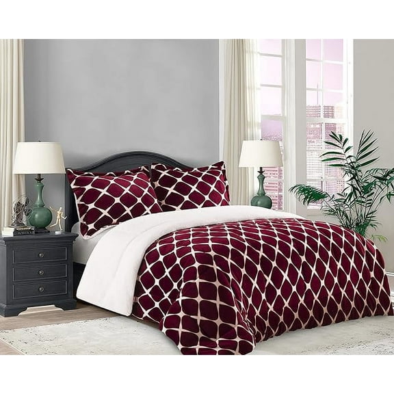 Elegant Comfort 3-Piece Luna Ogee Pattern Collection, Reversible Sherpa Comforter, Soft, Breathable & comfy Fabric, High Quality Micro-Suede, Ogee Pattern Sherpa Comforter, Queen, Wine Red