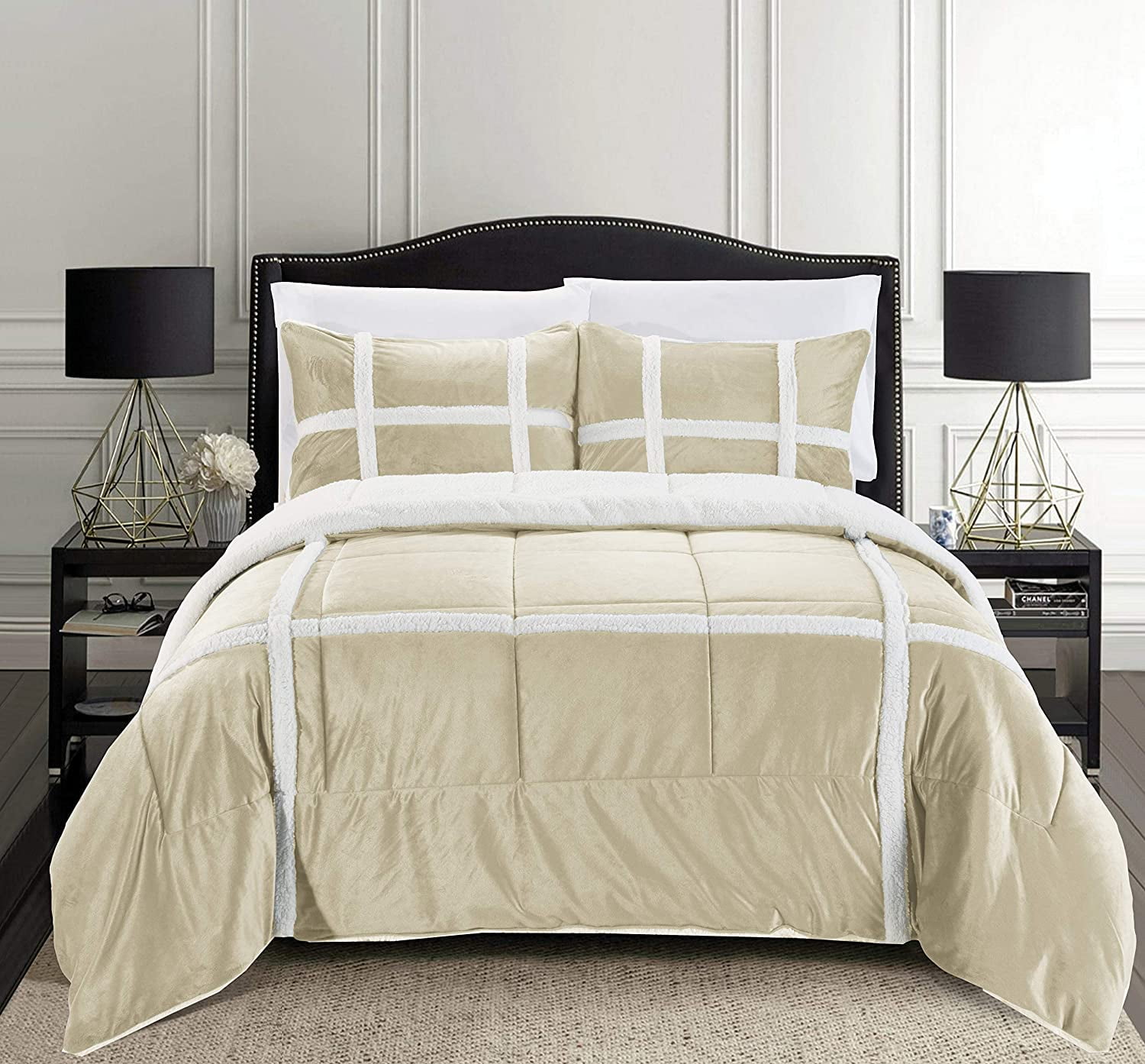 Elegant Comfort 3-Piece Olivia Stripe Sherpa Comforter Set, Comforter with Striped Pattern and Sherpa Backing, Textured & Comfortable Weight, Reversible Comforter Set, Queen, Cream Taupe