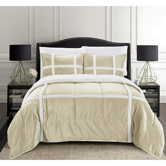 Elegant Comfort 3-Piece Olivia Stripe Sherpa Comforter Set, Comforter with Striped Pattern and Sherpa Backing, Textured & Comfortable Weight, Reversible Comforter Set, Queen, Cream Taupe