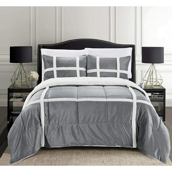 Elegant Comfort 3-Piece Olivia Stripe Sherpa Comforter Set, Comforter with Striped Pattern and Sherpa Backing, Textured & Comfortable Weight, Reversible Comforter Set, Cal King, Storm Gray