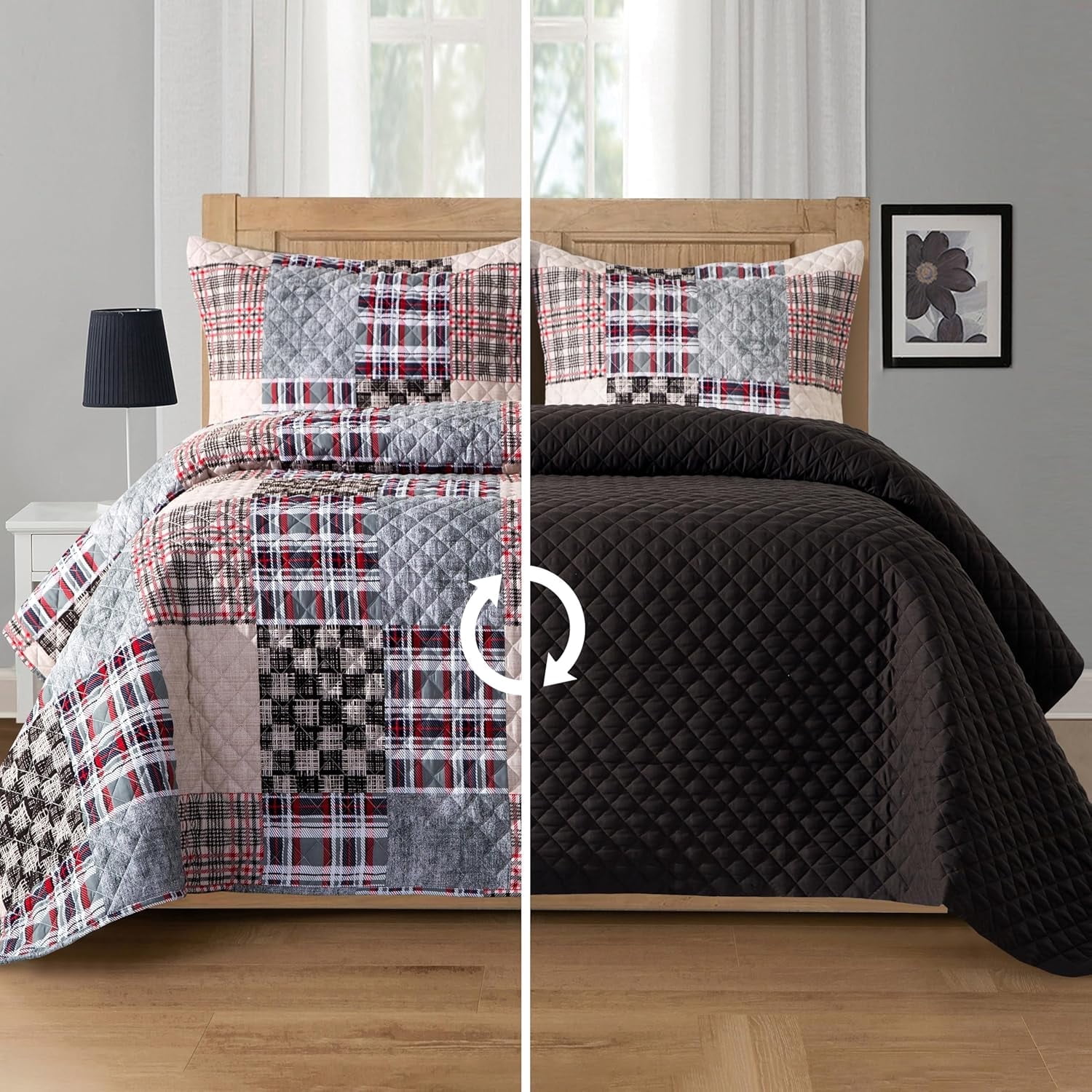 Elegant Comfort 3-Piece Plaid Patchwork Reversible Quilt Set - Soft Bedspread with Matching Pillow Shams, Heavyweight Stitching, All Season Quilted Coverlet - Twin, Brown