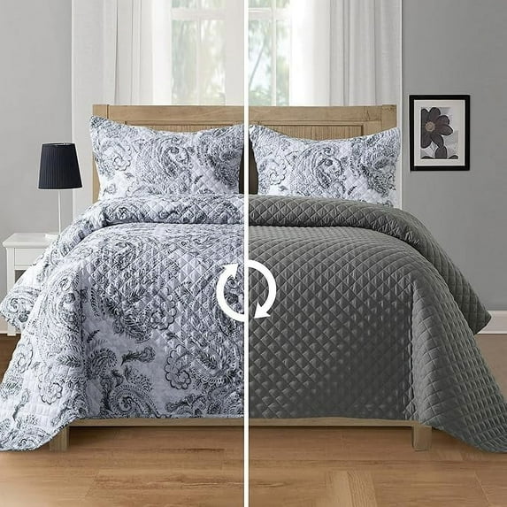 Elegant Comfort 3-Piece Quilted Bedspread Set, Reversible Floral Paisley Design, Ultra Soft All-Season Coverlet with Pillow Shams, Heavyweight Quilt, California King, Gray