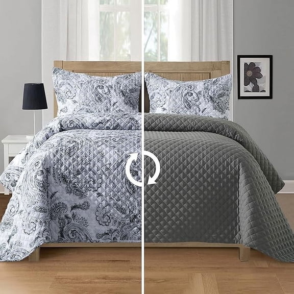 Elegant Comfort 3-Piece Quilted Bedspread Set, Reversible Floral Paisley Design, Ultra Soft All-Season Coverlet with Pillow Shams, Heavyweight Quilt, King, Gray
