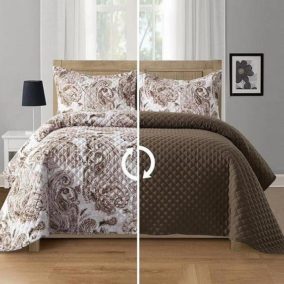 Elegant Comfort 3-Piece Quilted Bedspread Set, Reversible Floral Paisley Design, Ultra Soft All-Season Coverlet with Pillow Shams, Heavyweight Quilt, King, Taupe