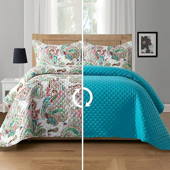 Elegant Comfort 3-Piece Quilted Bedspread Set, Reversible Floral Paisley Design, Ultra Soft All-Season Coverlet with Pillow Shams, Heavyweight Quilt, Twin XL, Aqua