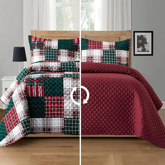 Elegant Comfort 3-Piece Quilted Bedspread Set, Reversible Plaid Patchwork Design, Ultra Soft All-Season Coverlet with Pillow Shams, Heavyweight Quilt, California King, Plaid Burgundy