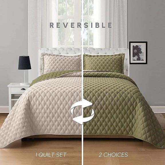 Elegant Comfort 3-Piece Quilted Reversible Bedspread Coverlet Set with Pillow Shams, Exquisite Diamond Stitching All Season Heavy Weight-Ultra Soft Premium Quilt- King, Sage Cream