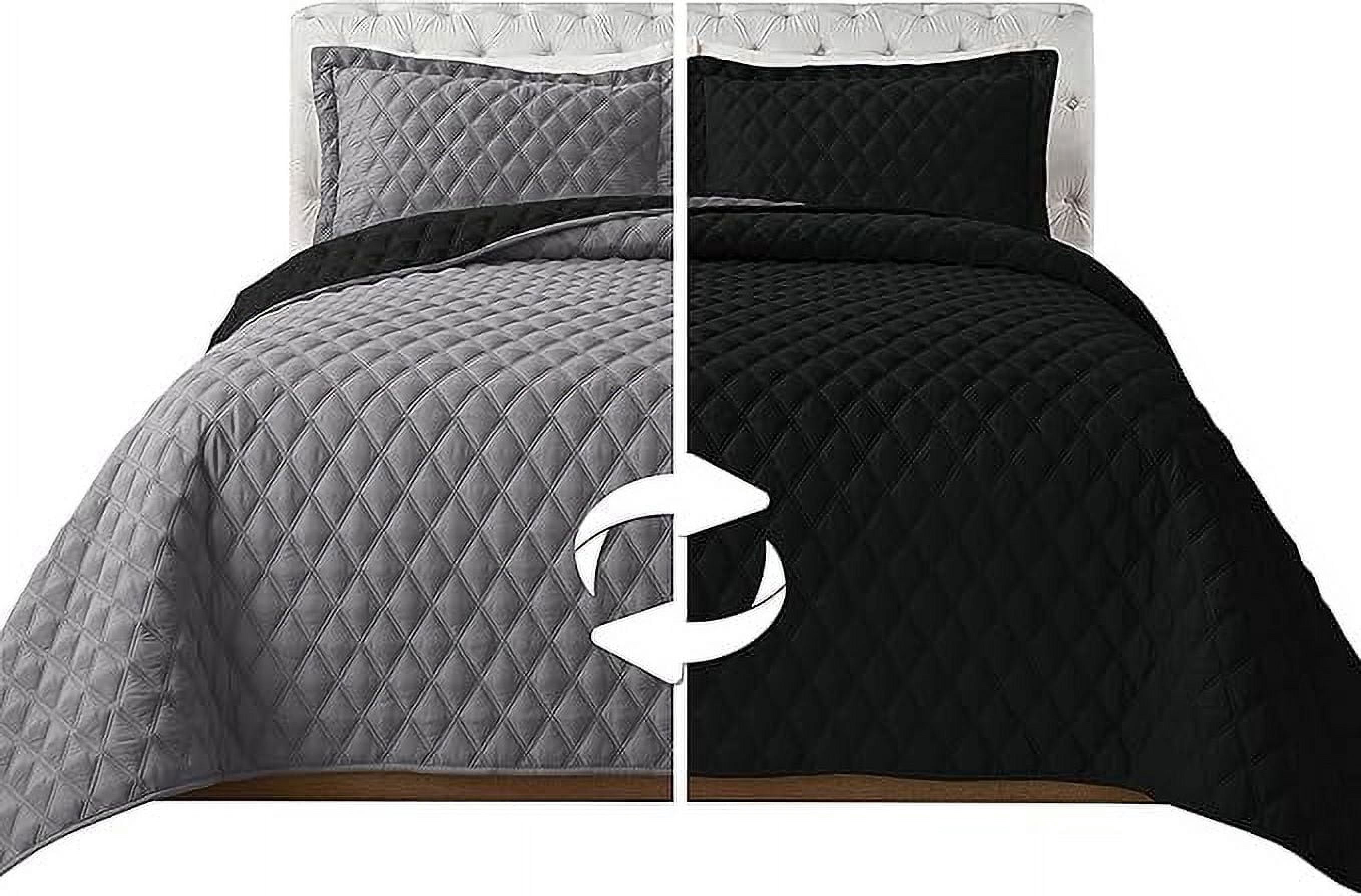 Elegant Comfort 3-Piece Quilted Reversible Bedspread Coverlet Set with Pillow Shams, Exquisite Diamond Stitching All Season Heavy Weight - Ultra Soft Premium Quilt- Full/Queen, Black/Gray