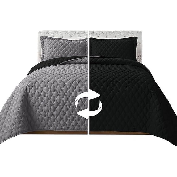 Elegant Comfort 3-Piece Quilted Reversible Bedspread Coverlet Set with Pillow Shams, Exquisite Diamond Stitching All Season Heavy Weight-Ultra Soft Premium Quilt- King, Black/Gray