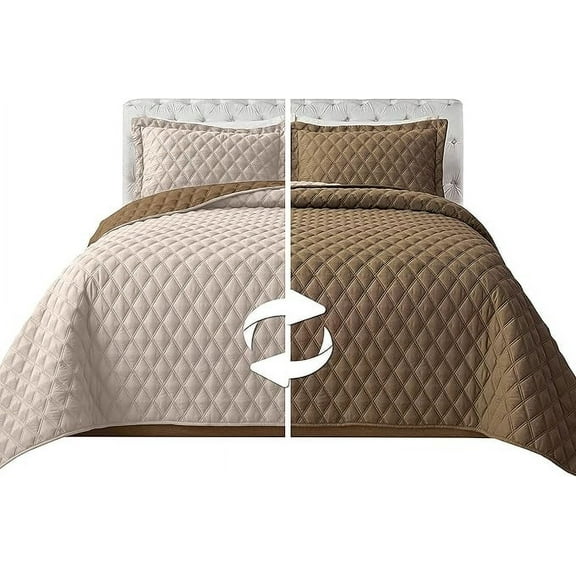 Elegant Comfort 3-Piece Quilted Reversible Bedspread Coverlet Set with Pillow Shams, Exquisite Diamond Stitching All Season Heavy Weight-Ultra Soft Premium Quilt- California King, Taupe/Cream