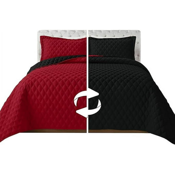 Elegant Comfort 3-Piece Quilted Reversible Bedspread Coverlet Set with Pillow Shams, Exquisite Diamond Stitching All Season Heavy Weight-Ultra Soft Premium Quilt- California King, Black/Burgundy