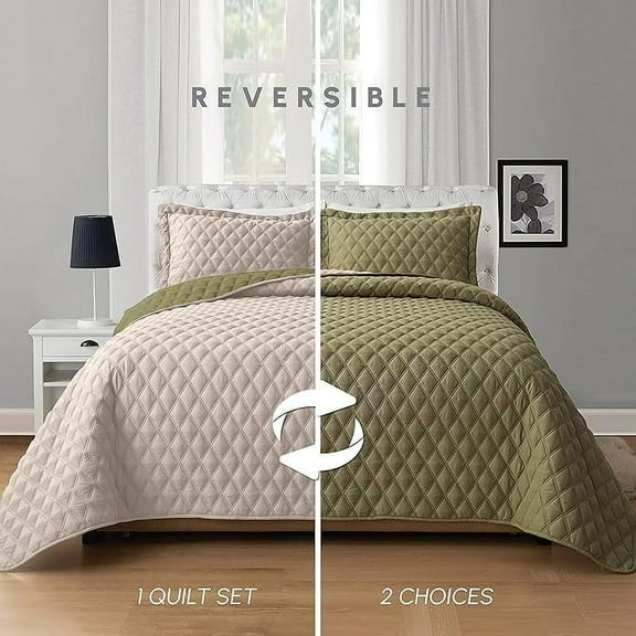 Elegant Comfort 3-Piece Quilted Reversible Bedspread Coverlet Set with Pillow Shams, Exquisite Diamond Stitching All Season Heavy Weight-Ultra Soft Premium Quilt- King, Sage Cream