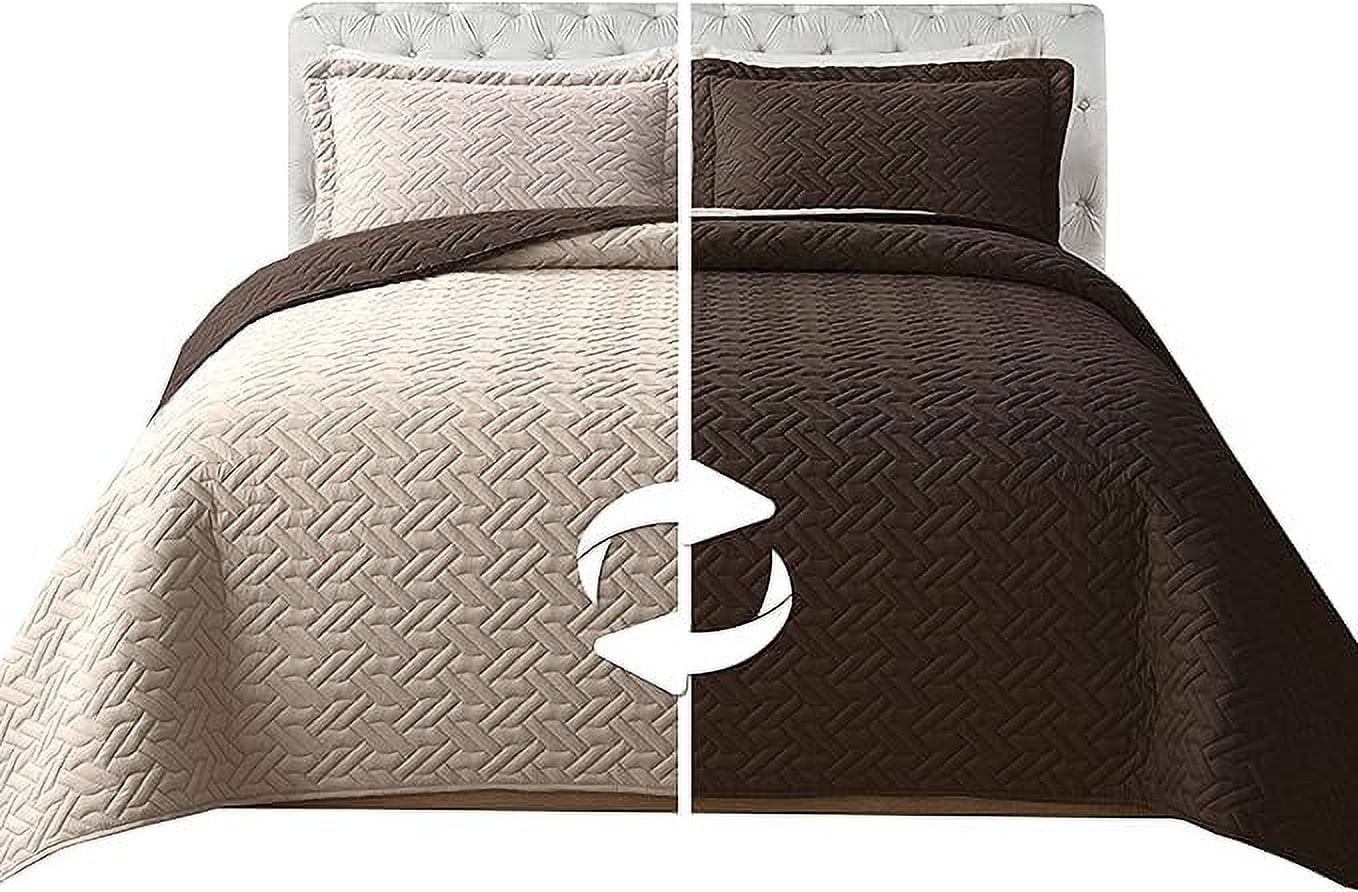 Elegant Comfort 3-Piece Quilted Reversible Bedspread Coverlet Set with Pillow Shams, Exquisite Majestic Stitching All Season Heavy Weight - Ultra Soft Premium Quilt- California King, Brown/Cream