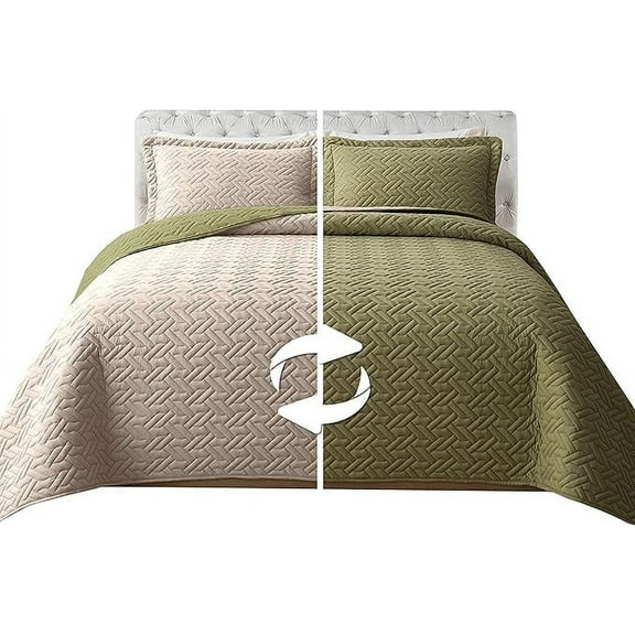 Elegant Comfort 3-Piece Quilted Reversible Bedspread Coverlet Set with Pillow Shams, Exquisite Majestic Stitching All Season Heavy Weight - Ultra Soft Premium Quilt- King, Sage Cream