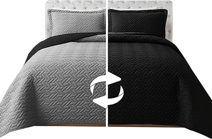 Elegant Comfort 3-Piece Quilted Reversible Bedspread Coverlet Set with Pillow Shams, Exquisite Majestic Stitching All Season Heavy Weight - Ultra Soft Premium Quilt- Full, Black/Gray