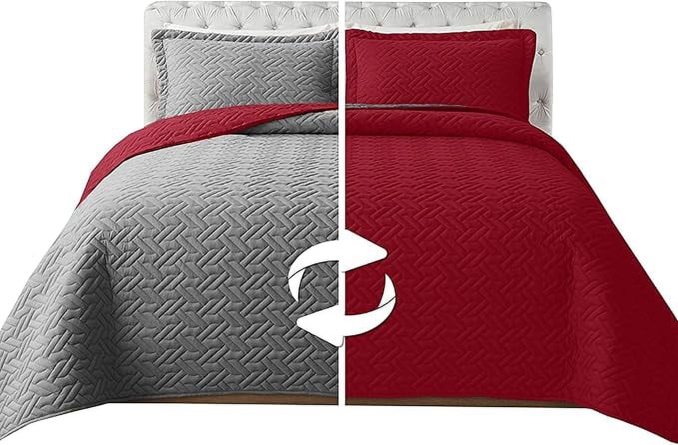 Elegant Comfort 3-Piece Quilted Reversible Bedspread Coverlet Set with Pillow Shams, Exquisite Majestic Stitching All Season Heavy Weight - Ultra Soft Premium Quilt- Twin XL, Burgundy/Gray