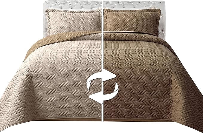 Elegant Comfort 3-Piece Quilted Reversible Bedspread Coverlet Set with Pillow Shams, Exquisite Majestic Stitching All Season Heavy Weight - Ultra Soft Premium Quilt- Twin XL, Taupe/Cream