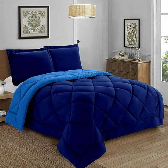 Elegant Comfort 3-Piece Reversible Comforter Set, All Season Suitable, Box-Stitched Down Alternative, Full/Queen, Navy/Aqua