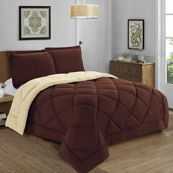 Elegant Comfort 3-Piece Reversible Comforter Set, All Season Suitable, Box-Stitched Down Alternative, King/California King, Brown/Cream