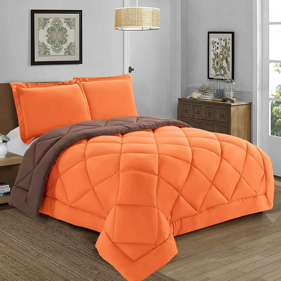 Elegant Comfort 3-Piece Reversible Comforter Set, All Season Suitable, Box-Stitched Down Alternative, Twin/Twin XL, Orange/Brown