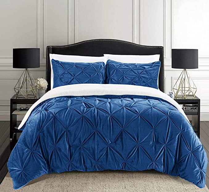 Elegant Comfort 3-Piece Set Pinch Pleated Sherpa Comforter Reversible and Luxurious. Fresh, Comfy Fabric, Pinch Pleated Sherpa Comforter, California King, Pacific Navy